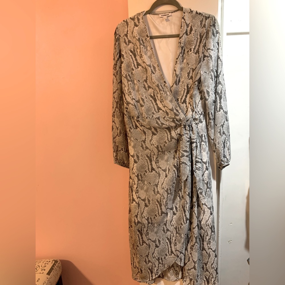 Express snake skin, deep v neck, wrap dress